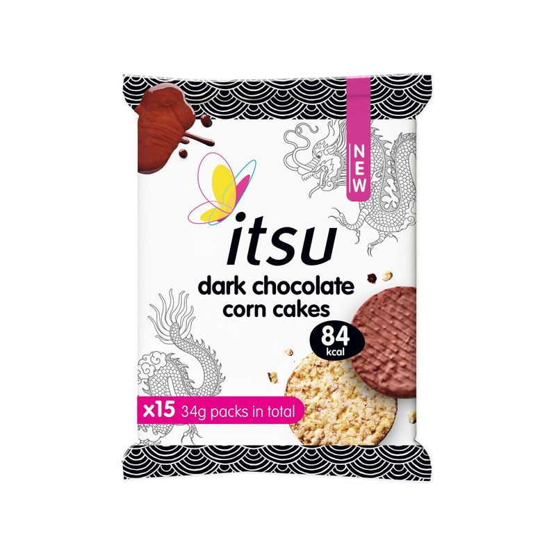 itsu Dark Chocolate Corn Cakes 34g Healthy Snack Gluten Free Pack of 15