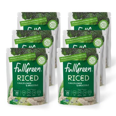 Fullgreen, Riced Cauliflower and Broccoli, 100% Veg, shelf-stable, no preservatives, vegan, keto and 87% lower-carbs than rice! - case of 6x 200g pouches - made in the UK Fullgreen, Riced Cauliflower and Broccoli, 100% Veg, shelf-stable, no preservatives, vegan, keto and 87% lower-carbs than rice! - case of 6x 200g pouches - made in the UK