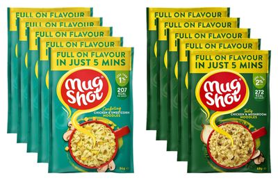 Mug Shot Instant Noodles Multipack Chicken &amp; Mushroom Sweetcorn x5 Each Flavour Ready Meals Food &amp; Snack, Quick Meal Pasta Low Fat Calorie Noodle Bulk, Ready in 5 Min, 10 packs total + Cheeroo Magnet