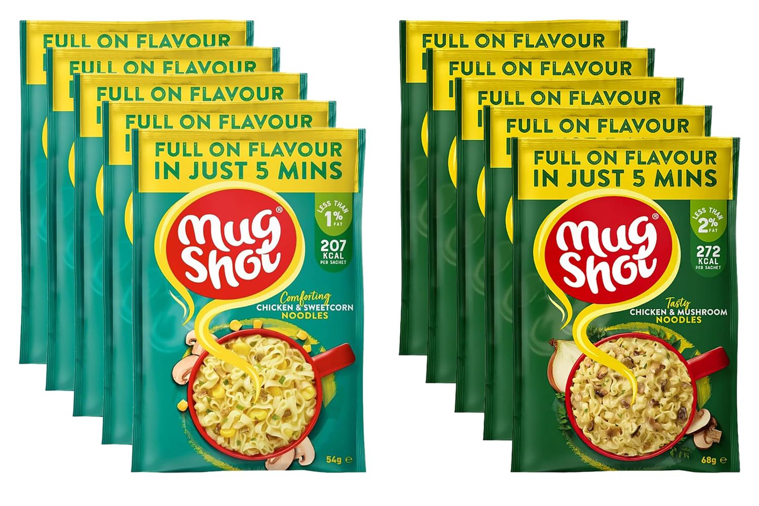 Mug Shot Instant Noodles Multipack Chicken &amp; Mushroom Sweetcorn x5 Each Flavour Ready Meals Food &amp; Snack, Quick Meal Pasta Low Fat Calorie Noodle Bulk, Ready in 5 Min, 10 packs total + Cheeroo Magnet