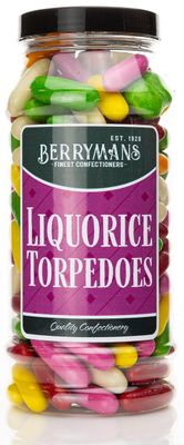 Original Liquorice Torpedoes Retro Sweets Gift Jar By Berrymans Sweet Shop - Classic Sweets, Traditional Taste.