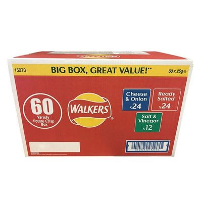 Walkers Crisps Multipack Mixed Flavour Variety Box (Ready Salted, Salt &amp; Vinegar, Cheese &amp; Onion) - 60 x 25g Selection Box