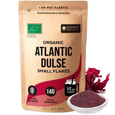 Organic Atlantic Dulse Flakes - Young Seaweed Grown in North Atlantic, Vacuum Dried Premium Quality. Soft Texture & Mild Taste. Add 1 TSP to Your Dish for Daily Vitamins/Minerals. (85 Grams)