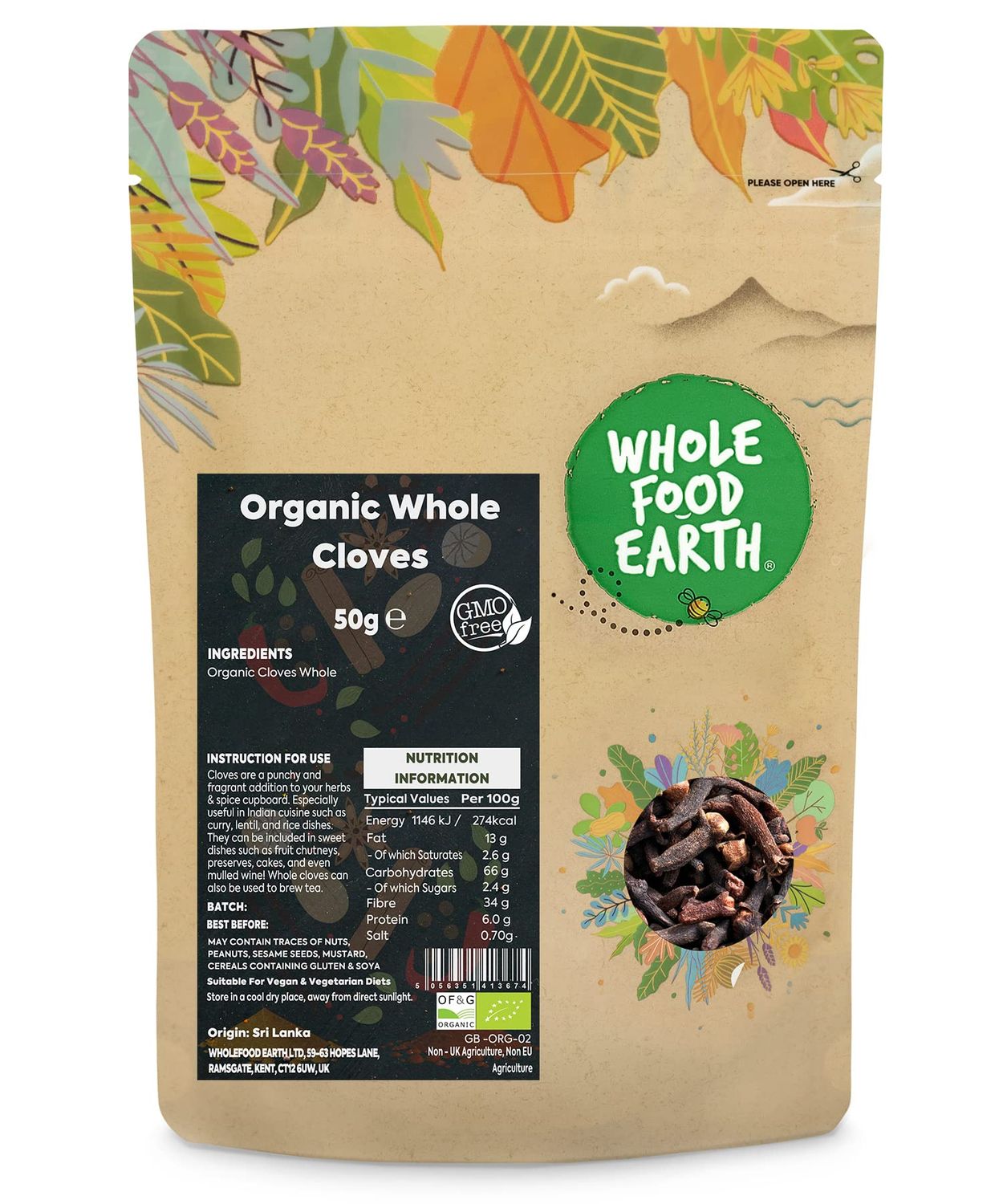 Wholefood Earth Organic Whole Cloves 50 g GMO Free Certified Organic