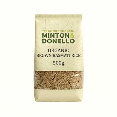 Minton & Donello - Organic Brown Basmati Rice, 500g - Low Calorie and Low In Fat - For Savoury dishes, Soups, Stews, and Salads - Sustainably Sourced