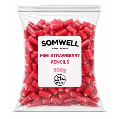 Somwell - Halal Mini Strawberry Pencils 500g - Bulk Bag - Soft Centre Chewy Strawberry Sweets, Pick and Mix Candy, Fruit Flavoured Treats, Resealable Pouch, Ideal for Party Bags &amp; Sharing