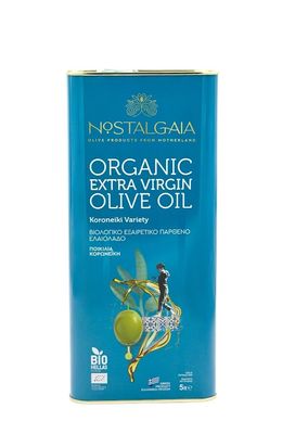 NOSTALGAIA 5 Liter Organic Extra Virgin Olive Oil, Fresh Harvest 2025/26, 100% Greek Koroneiki Variety, Cold-Pressed, Ultra Low Acidity, Rich in Polyphenols, 5L Tin