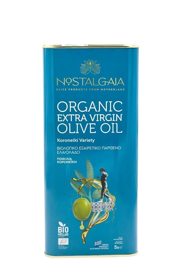 NOSTALGAIA 5 Liter Organic Extra Virgin Olive Oil, Fresh Harvest 2025/26, 100% Greek Koroneiki Variety, Cold-Pressed, Ultra Low Acidity, Rich in Polyphenols, 5L Tin