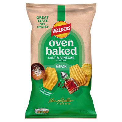 Walkers Oven Baked Salt and Vinegar Crisps, 6 x 22 g