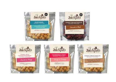 Joe &amp; Seph's Summer Popcorn Tasting Selection (5x 30g), Salted Caramel, Caramel &amp; Belgian Chocolate, Caramel, White Chocolate &amp; Raspberry, Strawberries &amp; Cream, Caramel &amp; White Chocolate