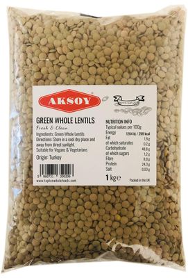 Aksoy Green Whole Lentils 1KG - Nutty Flavour and Firm Texture Perfect for Soups, Stews, Curries, Salads, and Side Dishes - Ideal Staple for Everyday Cooking (Packaging May Vary)