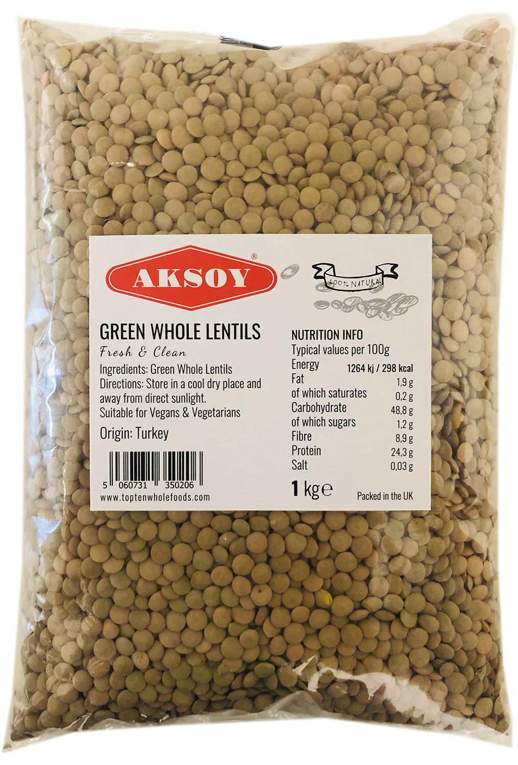 Aksoy Green Whole Lentils 1KG - Nutty Flavour and Firm Texture Perfect for Soups, Stews, Curries, Salads, and Side Dishes - Ideal Staple for Everyday Cooking (Packaging May Vary)