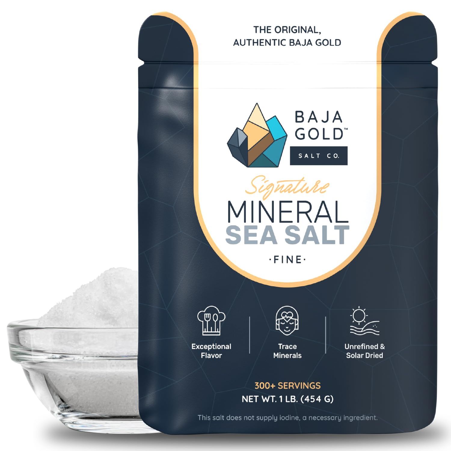 Baja Gold Mineral Sea Salt - Fine Grind - Unrefined, Mineral-Rich &amp; Low in Sodium - 100% Natural, No Additives - Perfect for Seasoning, Cooking &amp; Baking, Available in 454g
