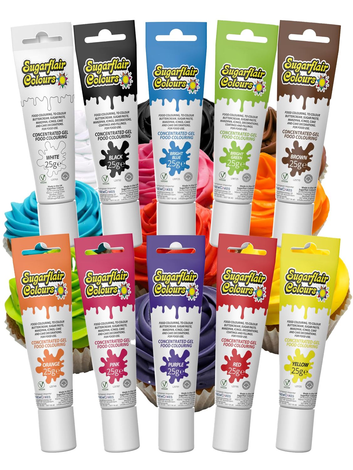 Sugarflair Essentials Food Colouring Gel Set, Multi 10x 25g - Concentrated Gel Food Dye for Cake Decorating, Buttercream, Fondant, Royal Icing - Vegan, Kosher, Bake-Stable