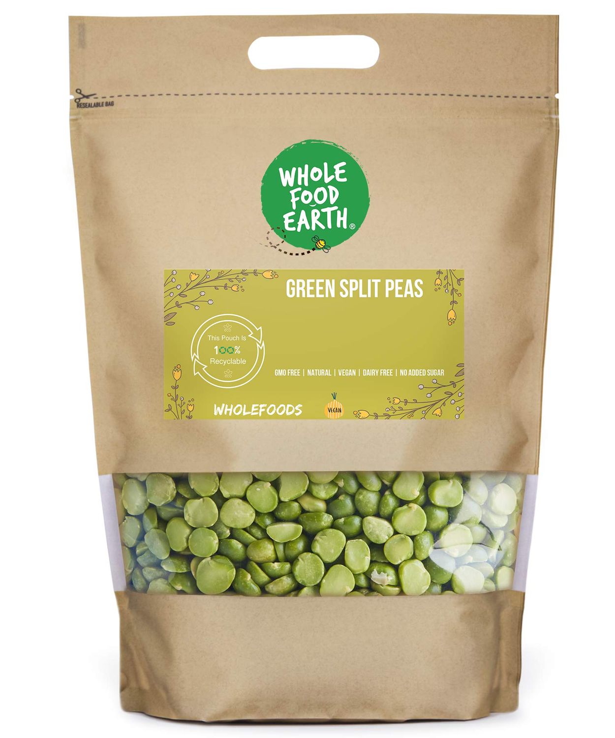Wholefood Earth Green Split Peas 500 g GMO Free Natural High Fibre High Protein