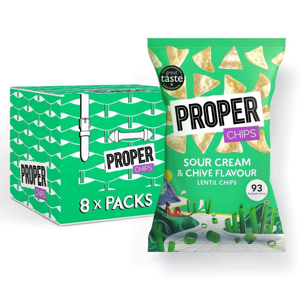 PROPER - Sour Cream &amp; Chive Lentil Chips, Vegan, Gluten Free Snacks, Sharing Bags 85g (8 Packs)