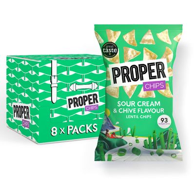 PROPER - Sour Cream &amp; Chive Lentil Chips, Vegan, Gluten Free Snacks, Sharing Bags 85g (8 Packs)