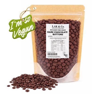LAK Dark Chocolate Chips Buttons Drops 250g 54% Cocoa Vegan Baking Chocolate Dairy Free, No Palm Oil, Real Cocoa Butter Perfect Melt Cookies, Brownies, Muffins, Pancakes, Snacking