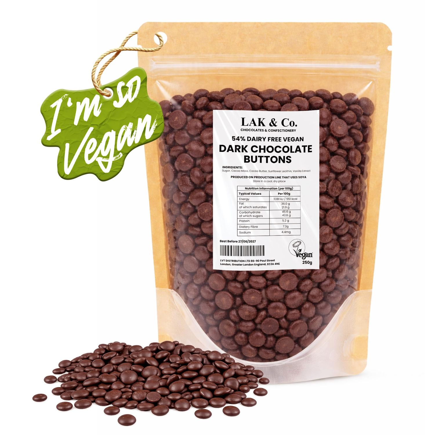 LAK Dark Chocolate Chips Buttons Drops 250g 54% Cocoa Vegan Baking Chocolate Dairy Free, No Palm Oil, Real Cocoa Butter Perfect Melt Cookies, Brownies, Muffins, Pancakes, Snacking
