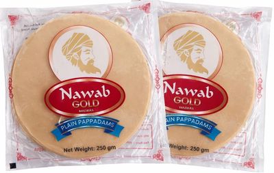Nawab Gold Madras Poppadoms - 2 x 250gm Authentic Indian Pappadoms, Crispy &amp; Light, Perfect for Curry, Starters &amp; Dipping (2 Packs)