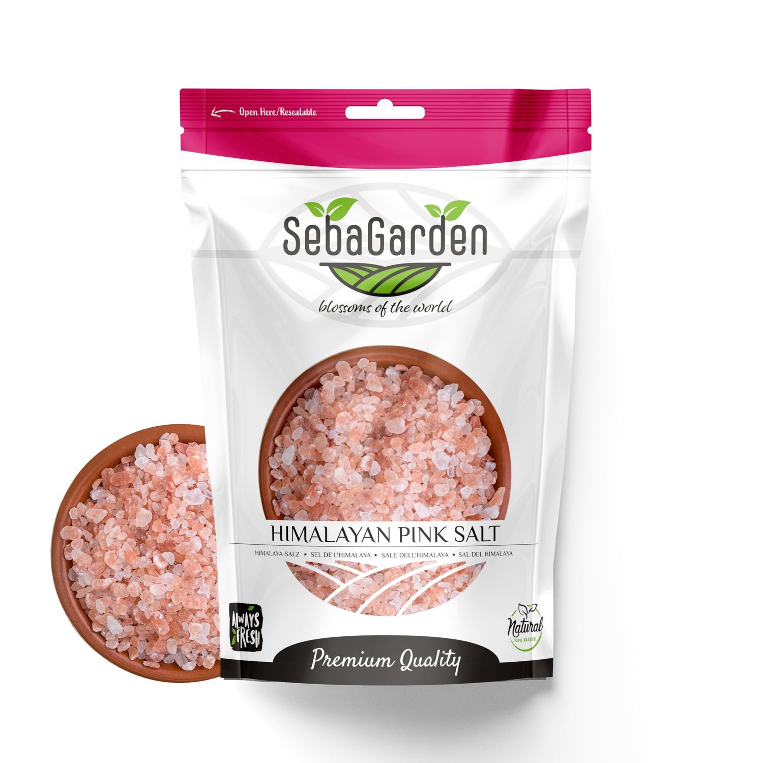 Seba Garden 100% Pure Himalayan Pink Salt - Coarse, 1kg Resealable Doypack Natural &amp; Unrefined, Rich in Minerals Perfect for Cooking, Grinders &amp; Bath Soaks