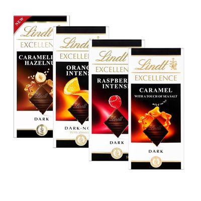 Excellence Dark Lindt Chocolates Bars Multipack - Pack of 4 x 100g Orange, Raspberry, Caramel Sea Salt & Hazelnut Bars & Topline Card. Chocolate Gift for Christmas Stocking Fillers, Birthday Gifts