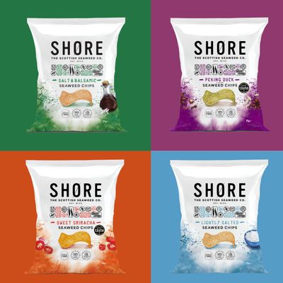 Shore Seaweed Chips Selection, New Variety Pack, 25g (Pack of 8), x2 Lightly Salted, x2 Peking Duck, x2 Salt &amp; Balsamic, x2 Sweet Siracha, Seaweed Crisp - Low Calorie Snacks, Low Fat, Source of Fibre