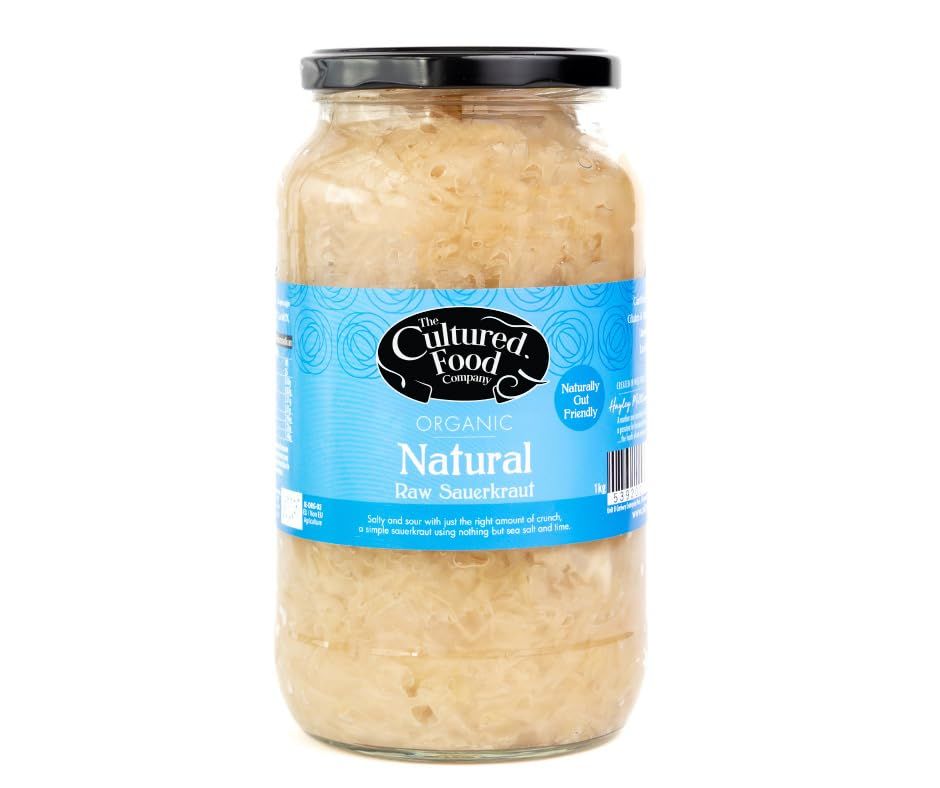 The Cultured Food Company - Organic Sauerkraut 1kg Jar - 100% Natural Ingredients- Raw &amp; Unpasteurised - Probiotic Rich - Traditionally Fermented Cabbage- Handmade - No Preservatives