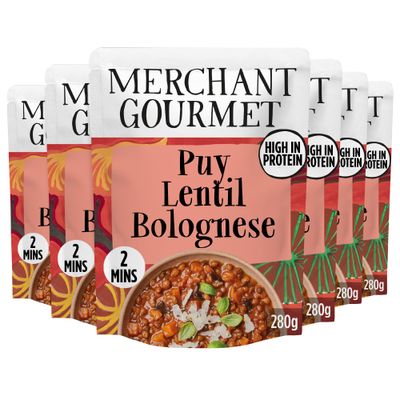 Merchant Gourmet Ready-to-eat Puy Lentil Bolognese Pack of 6 x 280g Pouches High in Protein High in Fibre Vegan. Cooked with Puy &amp; Brown Lentils Mixed Mushrooms Sundried Tomato Paste Ready-Meal Option
