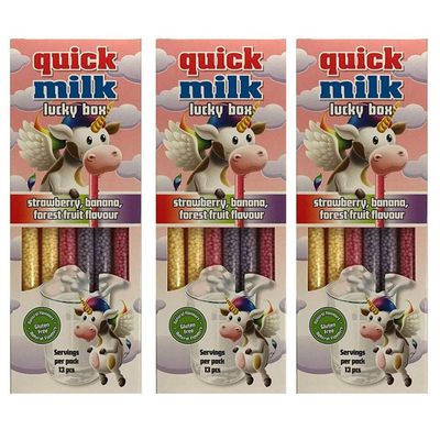 Quick Milk Lucky Box Unicorn - Strawberry, Banana and Forest Fruit Flavoured Milk Straws for Instant Milkshake - 3 Pack - 39 Straws - Great for Kids Parties - Gluten Free - Natural Flavours