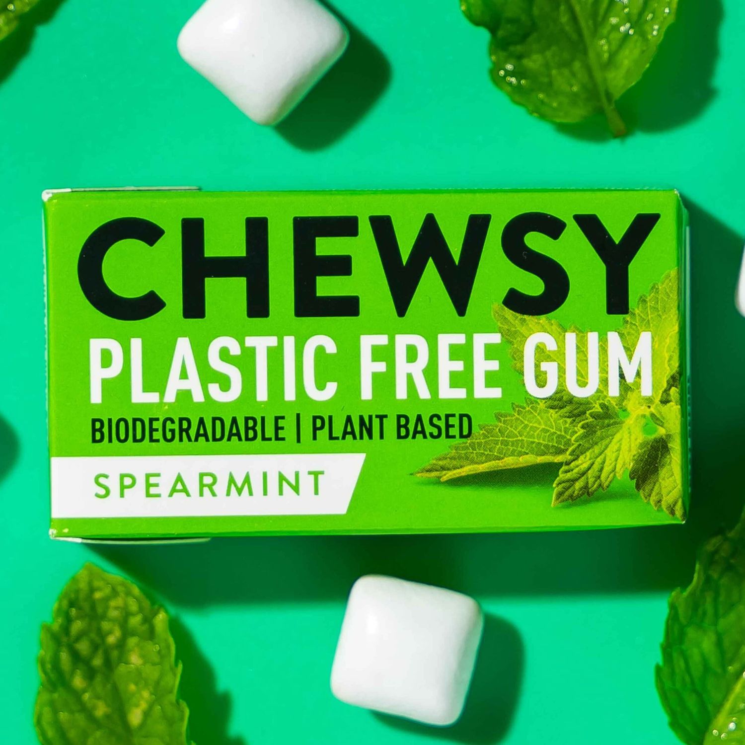 Chewsy Spearmint Plastic Free Gum Plant Based Sugar Free Aspartame-Free Xylitol Tooth Friendly Vegan Biodegradable Natural Chewing Gum 12 Packs