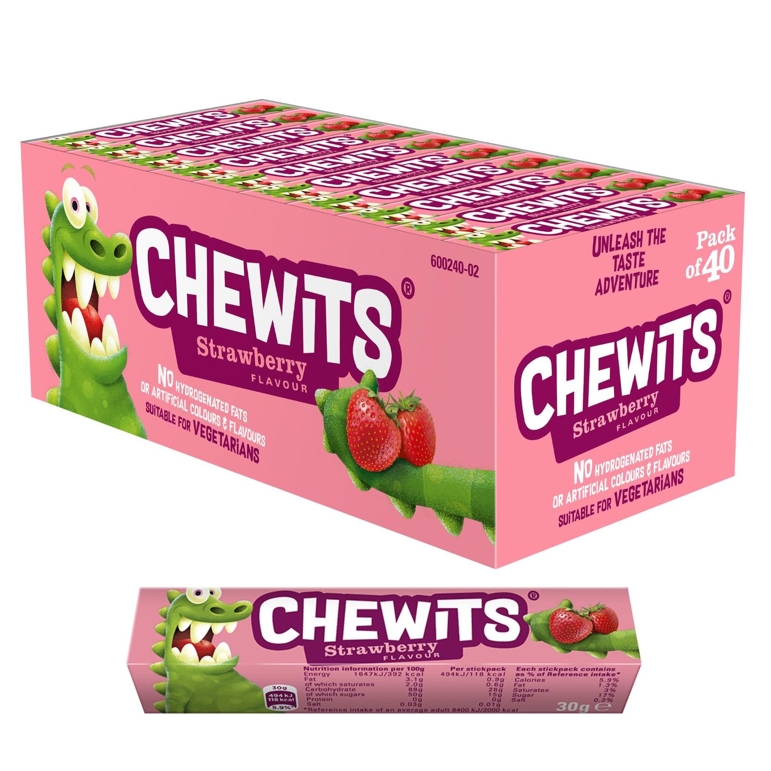 Chewits Sweets - Strawberry Flavour Chewy Sweets - Bulk Box x 40 Sticks - Made with Real Fruit Juice - Vegetarian, No Artificial Colours - Nostalgic Classic British Sweet Treat for Sharing &amp; Gifting