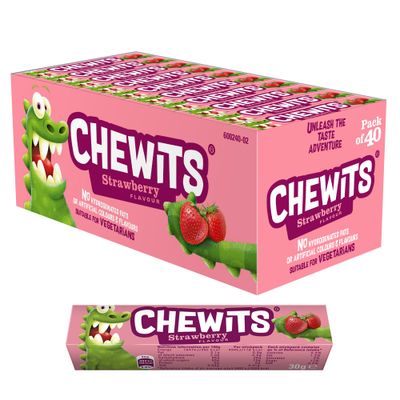 Chewits Sweets - Strawberry Flavour Chewy Sweets - Bulk Box x 40 Sticks - Made with Real Fruit Juice - Vegetarian, No Artificial Colours - Nostalgic Classic British Sweet Treat for Sharing & Gifting