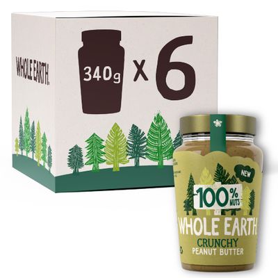 Whole Earth 100% Original Crunchy Peanut Butter Nothing but Peanuts Nut Spread Made with 100% Natural Ingredients No Added Sugar High Protein Gluten Free Vegan Friendly 340g x 6 Jars