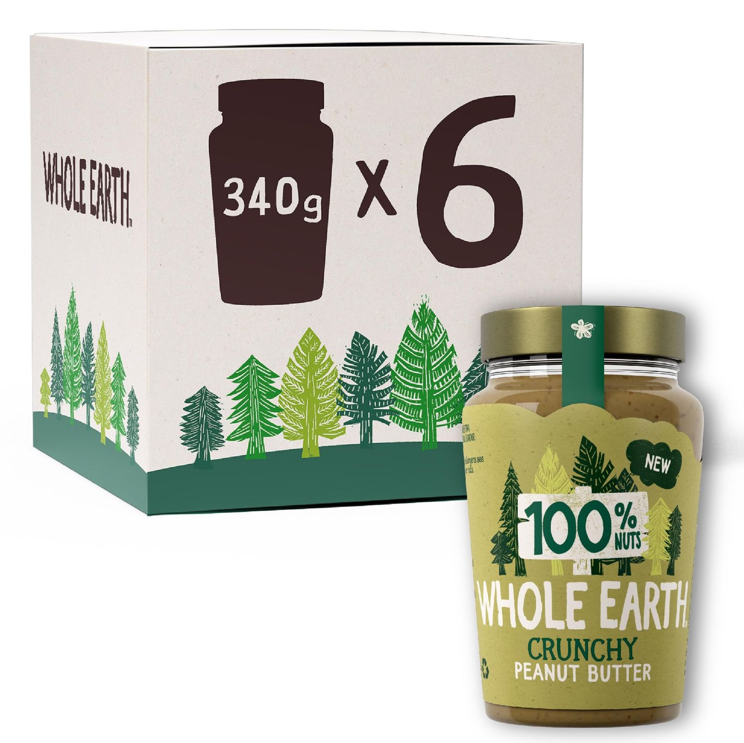 Whole Earth 100% Original Crunchy Peanut Butter Nothing but Peanuts Nut Spread Made with 100% Natural Ingredients No Added Sugar High Protein Gluten Free Vegan Friendly 340g x 6 Jars