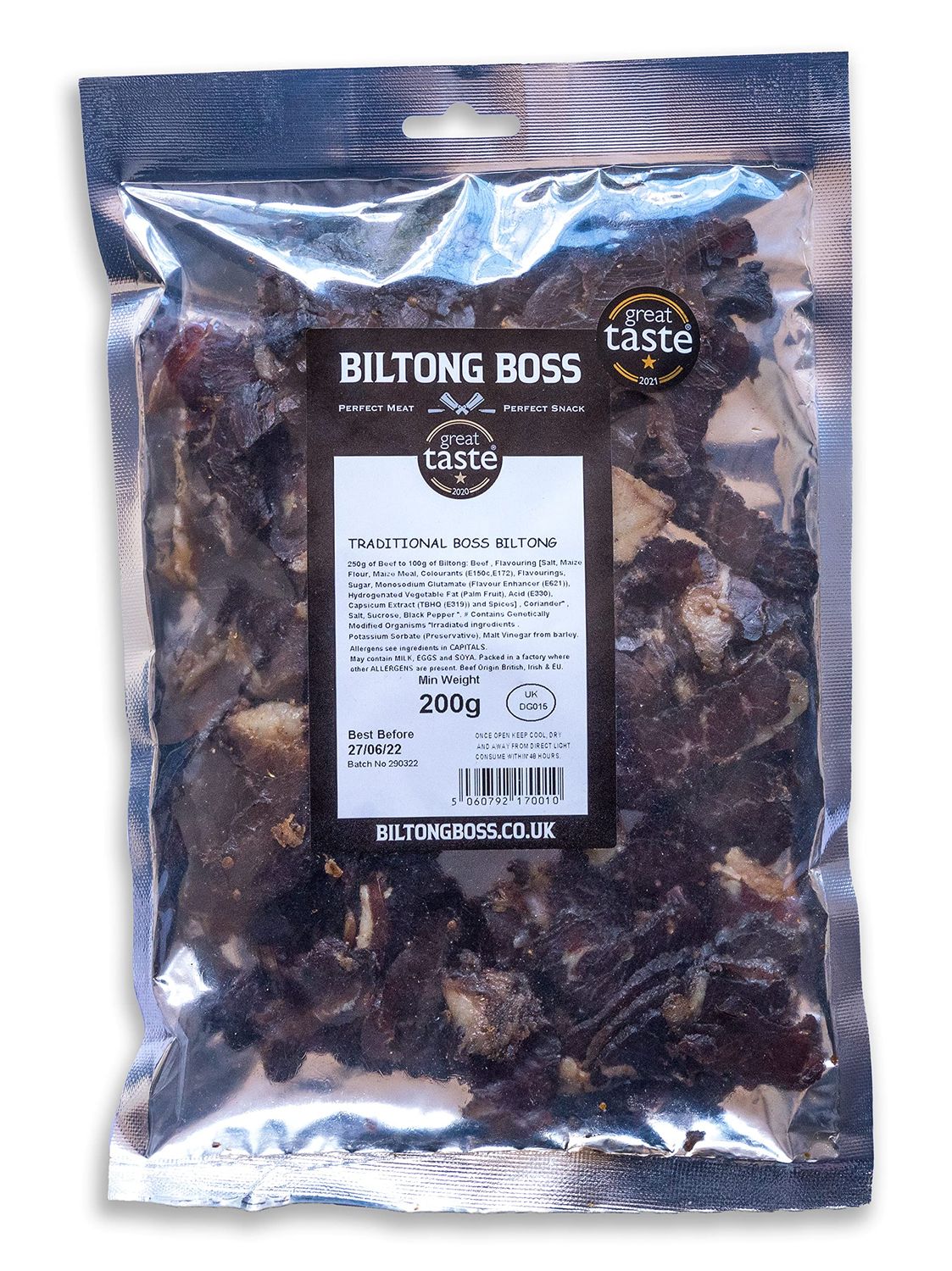 Biltong Boss Traditional Boss Beef, Premium Authentic Beef, High Protein Ready To Eat Healthy Snack, Suitable For Gluten-Free, Paleo, Keto, Atkins Diets &amp; Post-Workout, Low Sugar &amp; Carbohydrates, 200g
