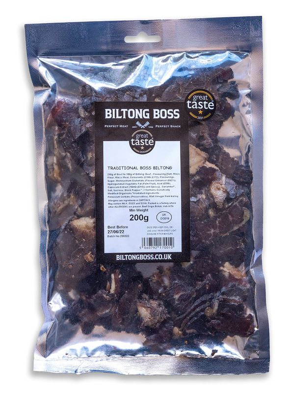 Biltong Boss Traditional Boss Beef, Premium Authentic Beef, High Protein Ready To Eat Healthy Snack, Suitable For Gluten-Free, Paleo, Keto, Atkins Diets &amp; Post-Workout, Low Sugar &amp; Carbohydrates, 200g