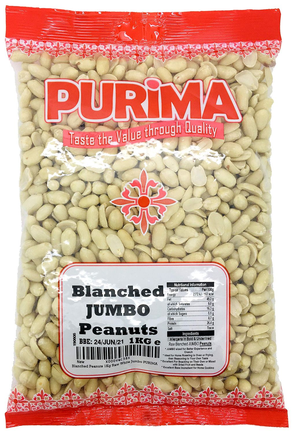 Blanched Peanuts 1Kg - Raw Whole JUMBO Nuts - 100% Natural Large Bag Blanch Edible Nut - Protein Keto Paleo - Unsalted Unroasted Skinless Shelled - for Making Peanut Butter &amp; Roasting Non GMO PURIMA
