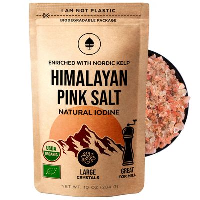 Himalayan Pink Salt with Nordic Kelp - Natural Iodized Gourmet Salt Source of Iodine for Thyroid Health Coarse Mineral Salt for Cooking, Seasoning & Finishing Vegan, Non-GMO, Additive-Free,10oz