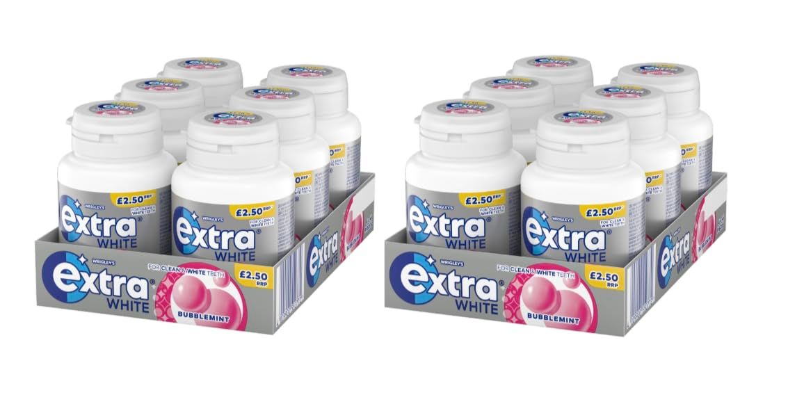 Extra White Bubblemint Chewing Gum, 2 Cases with 6 Packs of 46 Pieces Each