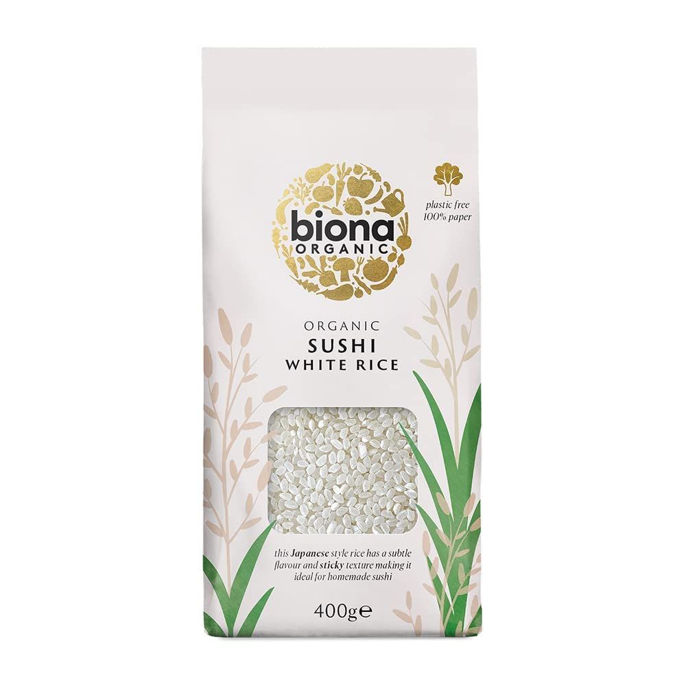 Biona Organic Sushi Rice - Short Grain White Sushi Rice - Japanese Style, Sticky Texture - Ideal for Homemade Sushi, Stir Frys &amp; Poke Bowls - Non GMO, Vegan - Plastic Free