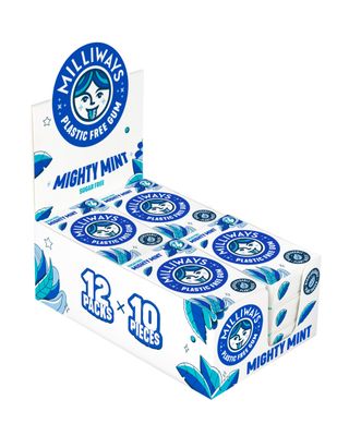 Milliways Mighty Mint Chewing Gum, Plastic Free, Sugar Free, Aspartame Free, Natural 12 Packs of 10 Pieces (120 Pieces Total) Xylitol, Plant-Based, Biodegradable