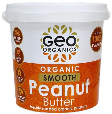 Geo Organics Smooth Peanut Butter 1kg Tub (1pk) -Made with 100% Organic Roasted Peanuts -Natural, No Palm Oil, No Added Sugar, No Salt, Hi-Oleic Peanuts, High Protein, Gluten Free, Vegan, Dairy Free