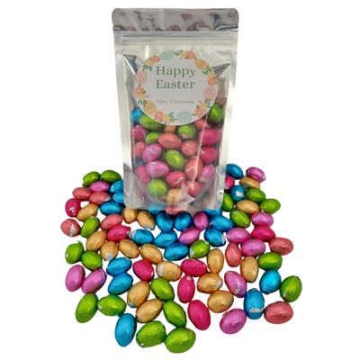 Easter Chocolate Foiled Mini Eggs Sweet Gift Bag Including Isley Creations 300g Bag of Milk Chocolate Mini Eggs In Stand Up Resealable Pouch, Perfect for Gifting, Easter hunts, and Parties. Easter Chocolate Foiled Mini Eggs Sweet Gift Bag Including Isley Creations 300g Bag of Milk Chocolate Mini Eggs In Stand Up Resealable Pouch, Perfect for Gifting, Easter hunts, and Parties.