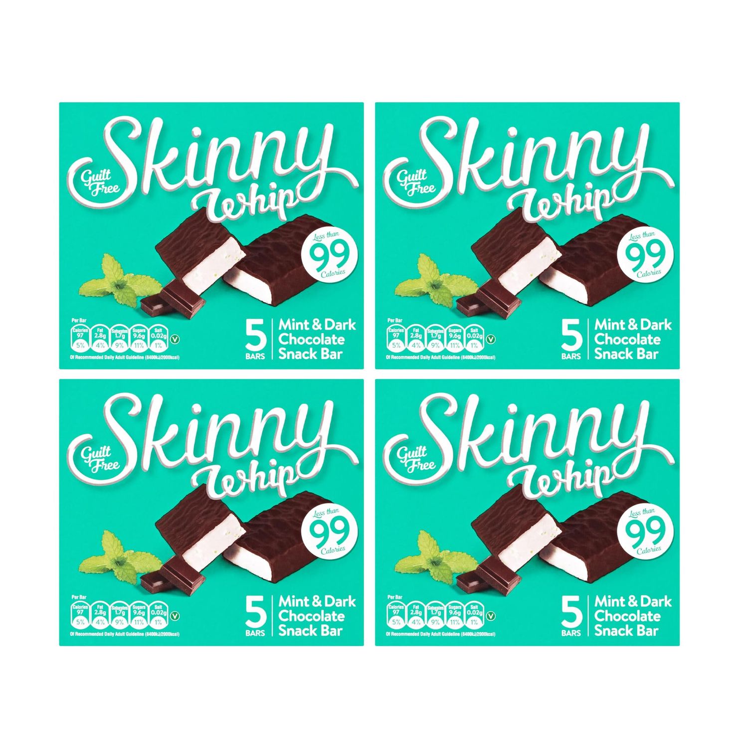 New Skinny Whip Snack bars less than 99 Calories 5 Variations Multi-Pack (Mint &amp; Dark Chocolate, 4 Boxes)