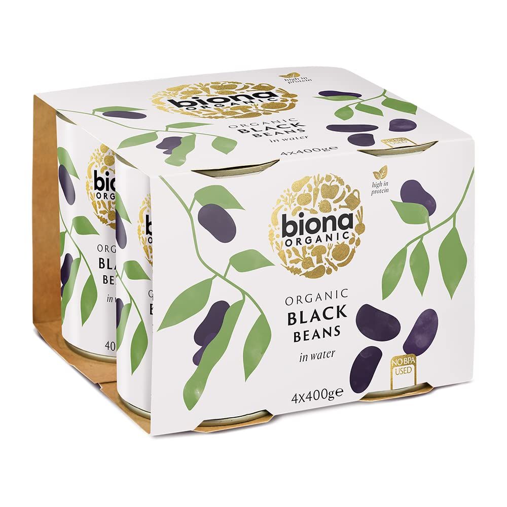 Biona Organic Black Beans 400g, Pack of 4 - In Water, Pre-Cooked &amp; Ready to Eat - No Added Sugar or Salt - Source of Vegan Protein and Fibre - BPA Free Can, Non GMA