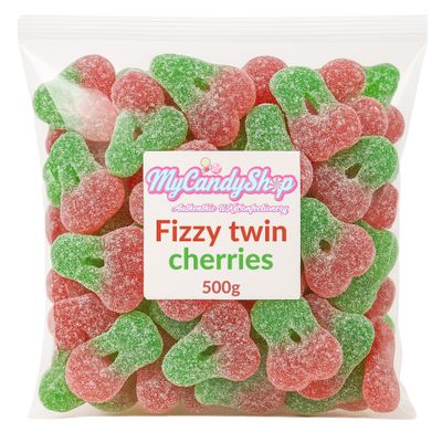 MyCandyShop Fizzy Twin Cherries 500g - Halal Sweets with Tangy Sugar Coating &amp; Chewy Gummy Centre - Cherry Sweets in Red &amp; Green for pick and mix, Candy Jars &amp; Snacking - Fruity Sour Treats