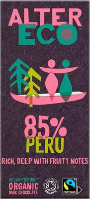 Alter Eco 85% Peru Dark Chocolate Bar, Vegan Chocolate & Organic Chocolate, Luxury Fairtrade Chocolate, Single Low Sugar Chocolate Bar, Eco Conscious Vegetarian Chocolate, GMO Free - 1 x 100g