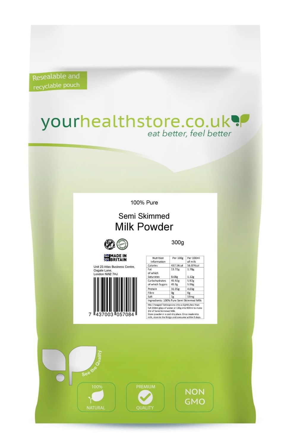 yourhealthstore 100% Pure Semi Skimmed Milk Powder 300g, Made in Britain with British Milk, Low in Fat, No Additives, No Soy Lecithin, No Bovaer, Vegetarian, (Recyclable Pouch)