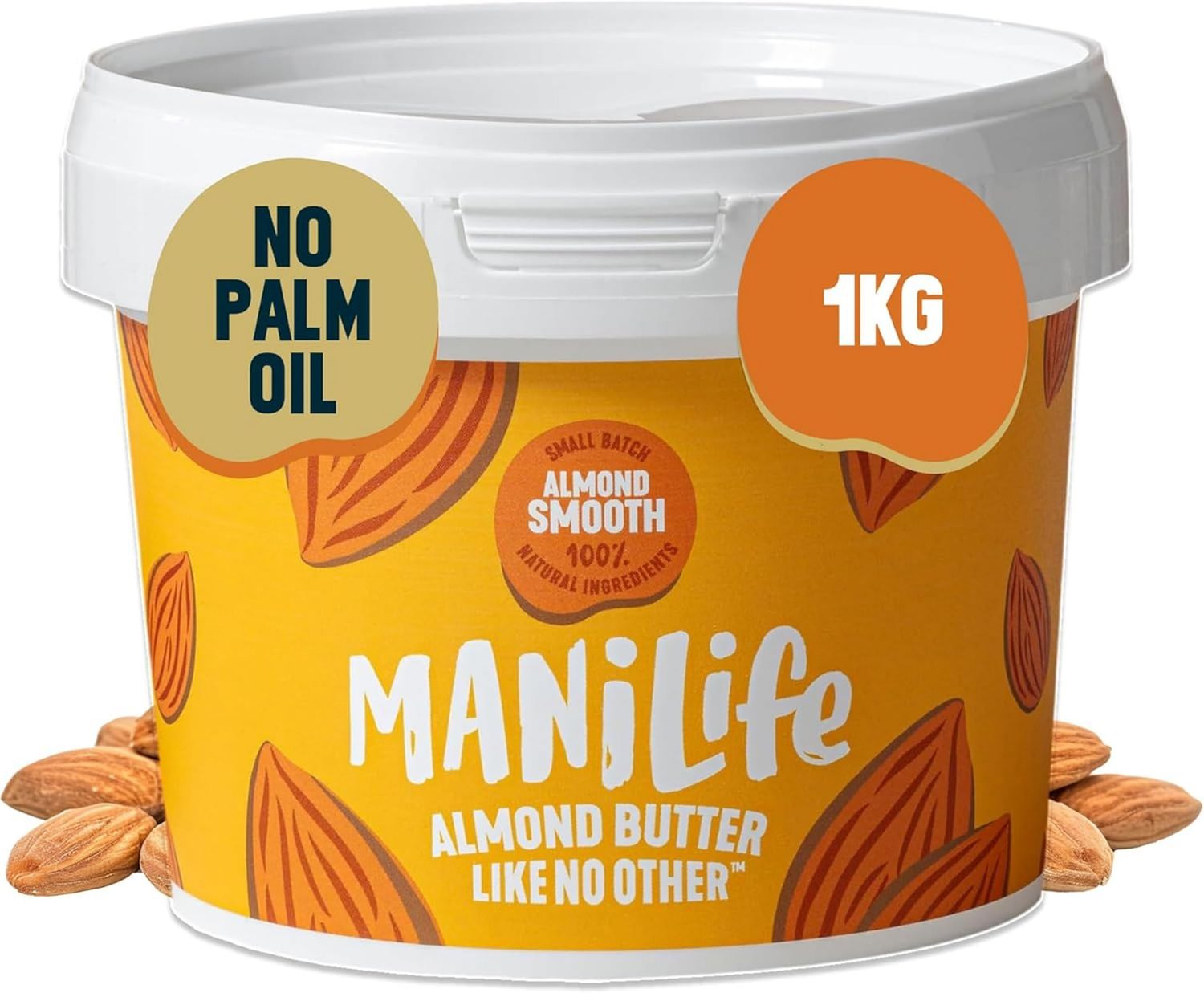 MANÍLIFE Almond Butter Smooth, 1kg Jar - Smooth and Sweet Vegan Almond Butter Made from Quality Almonds - No Palm Oil, No Added Sugar, No GMO